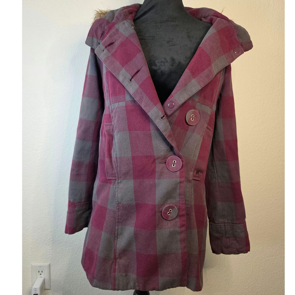 Hurley Plaid Hooded Pea Coat Jacket Purple Gray Faux Fur Trim Penny Lane Size S